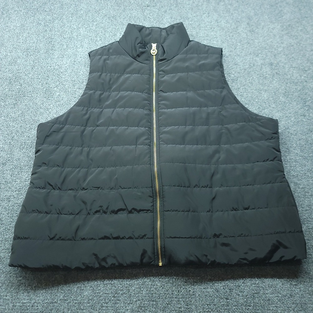 Michael Kors Womens 3X Black Puffer Vest Gold Zip Quilted Sleeveless Jacket